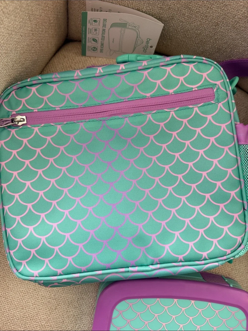 bentgo Kids Insulated Lunch Bag & Bento Box- Aqua Mermaid with Purple Trim